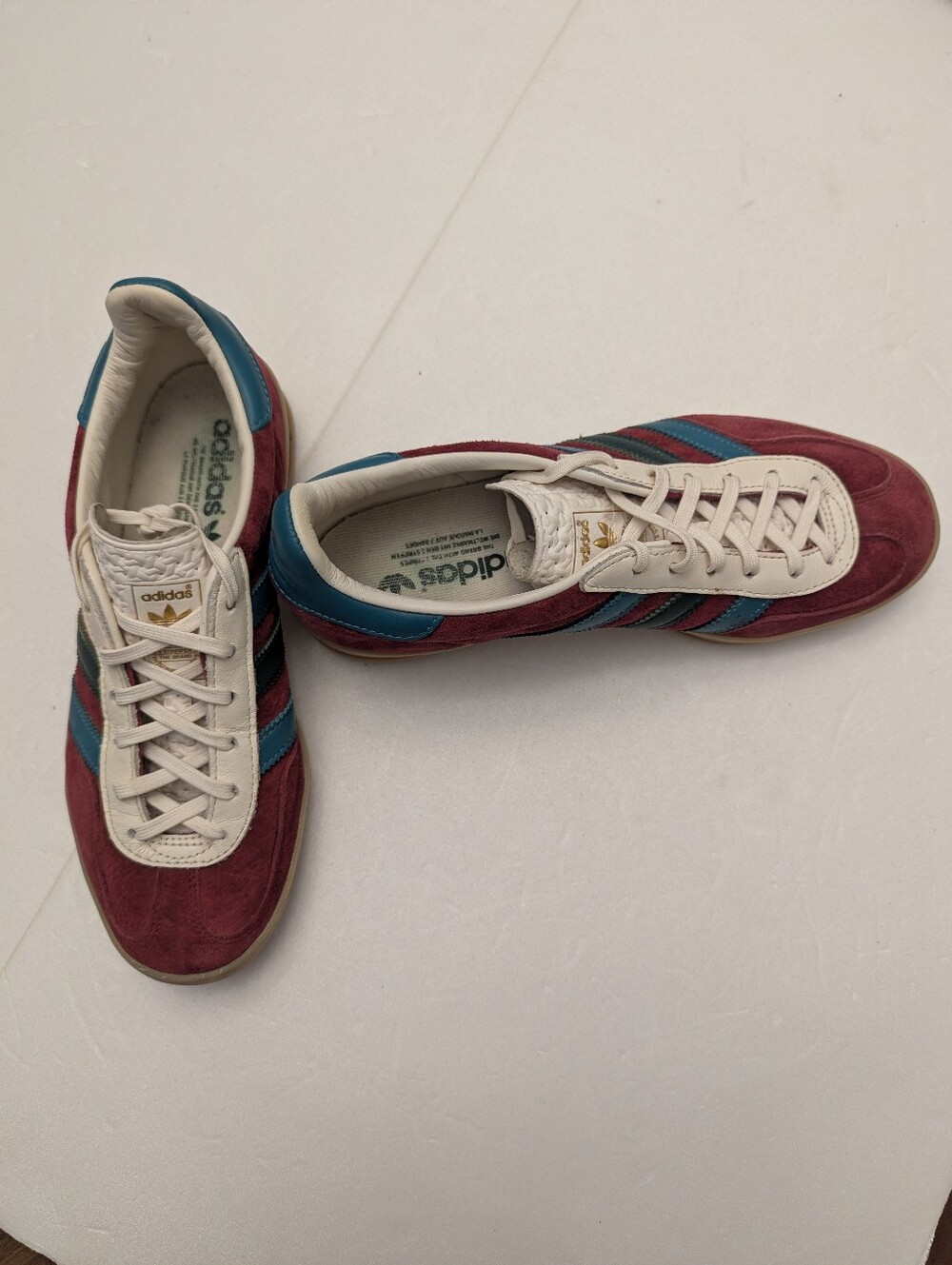 Adidas Men’s Suede Gazelle Sneakers in Burgundy with Teal Stripes